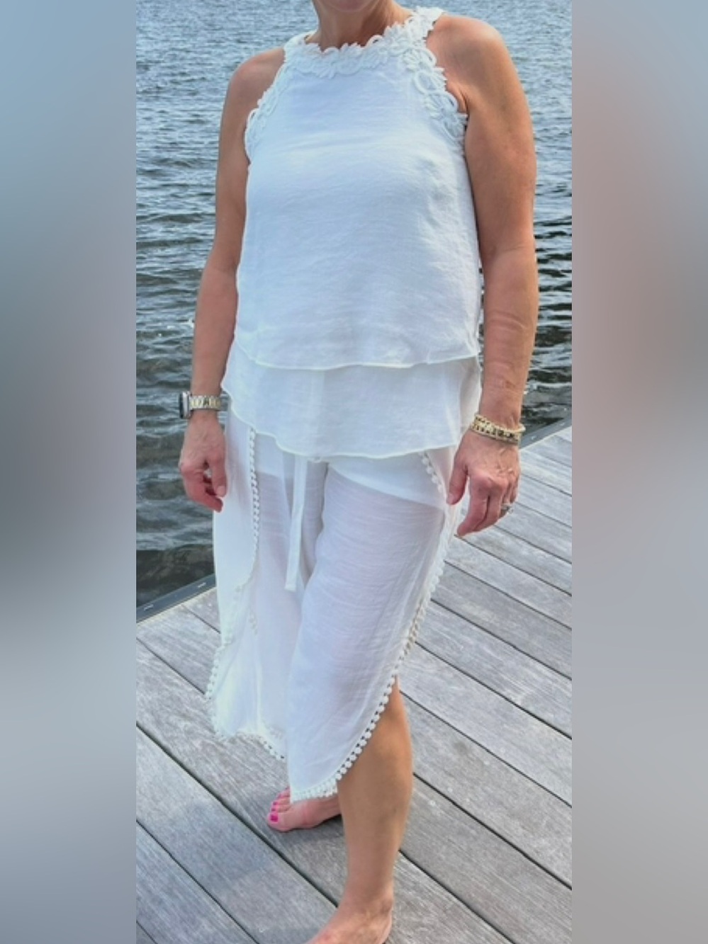 BCX White Layered Wide Leg Drawstring Pants with Above& Beyond Top. Small